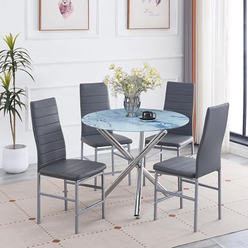 Round Glass Dining Table Set 5 Pieces Dining Table Chair Set for Home Kitchen Round Tripod Chrome Legs Table with 4 PU Chairs, Contemporary Dining Room Furniture Set for Small Space