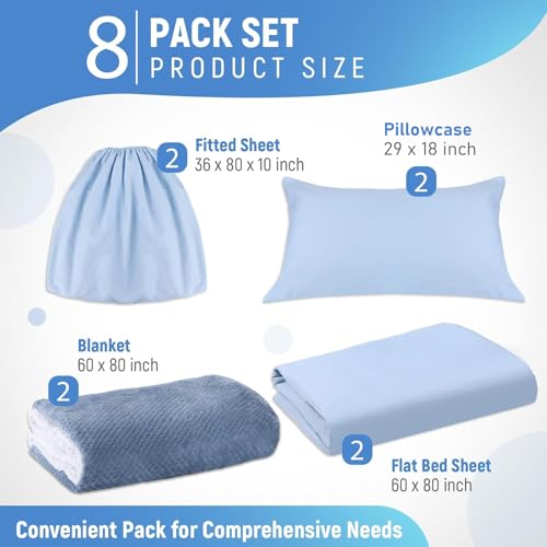 4 Pcs Hospital Bed Sheets Set, Soft Knitted Standard Sheets Quality, Include Fitted Sheet, Quilt Cover, Pillow Case and Blanket (Blue)