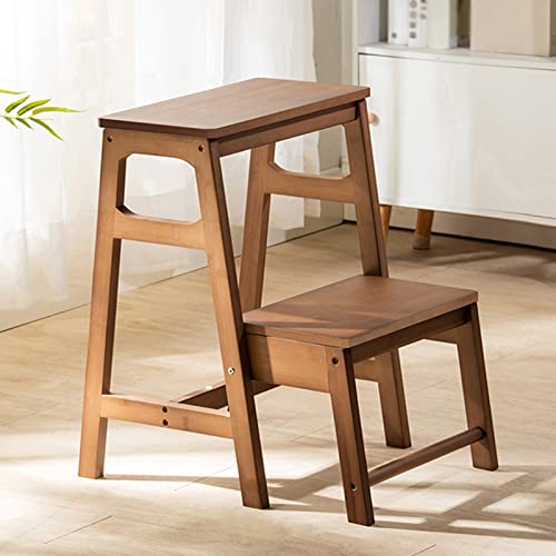 2-Step Ladder Stool, Dual Purpose Folding Solid Wood Step Stool, Portable Non-Slip Display Stand for Balcony Coffee Shop, Save Space, 2 Colors (Color : Wood Color)