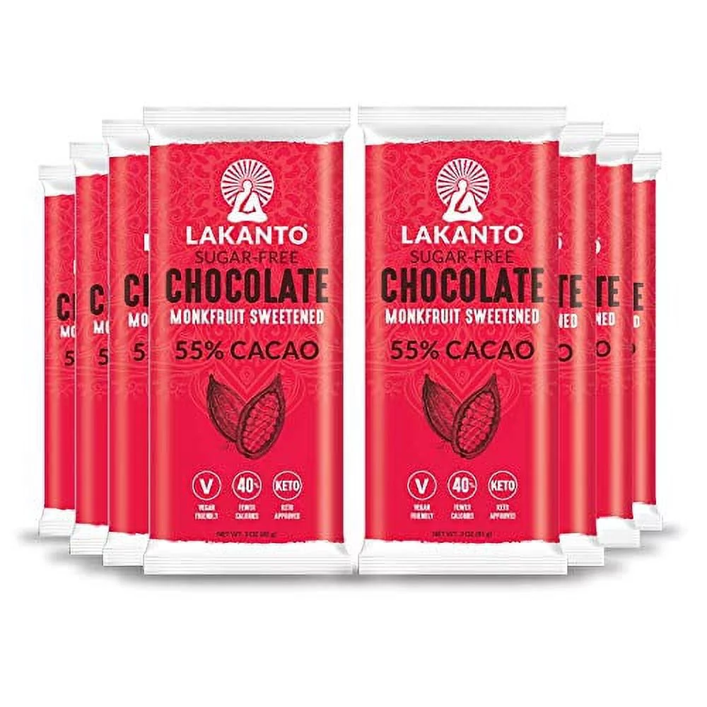 Lakanto Sugar Free Chocolate Bars - 55% Dark Cacao, Sweetened with Monk Fruit Sweetener, 3g Net Carbs, Keto, Gluten Free, All Natural, Snack, Hot Chocolate, Truffle (Original Chocolate - 8 Pack)