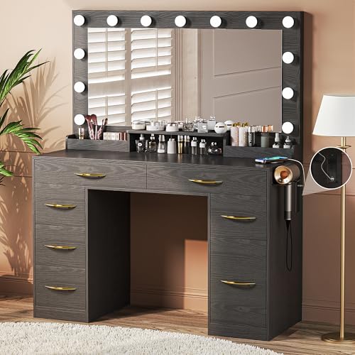 Makeup Vanity Desk with Lights, Vanity Desk with Large Mirror, White Vanity with Outlets Large Drawers & Storage, 3 Lighting Color Adjustable, Bedroom Dressing Table