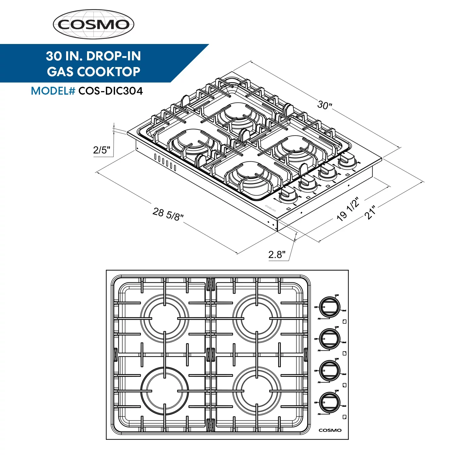 Gas Cooktop with 4 Sealed Italian Made Burners in Stainless Steel