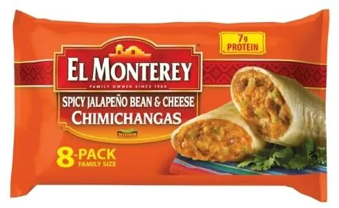 El Monterey Spicy Jalapeno Bean & Cheese Chimichangas, 32 oz, 8 Count (Frozen) - Pack of 3