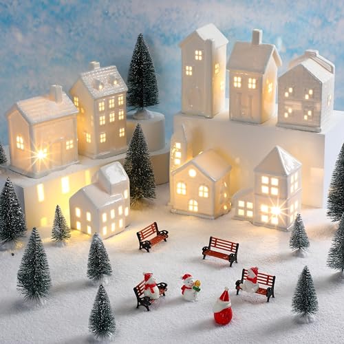 Soaoo 29 Pcs Ceramic Christmas Village Set 8 Led Village Houses 12 Christmas Trees 4 Snowmen 4 Benches and Fake Snow; White Porcelain House Xmas Tabletop Scenes Decoration