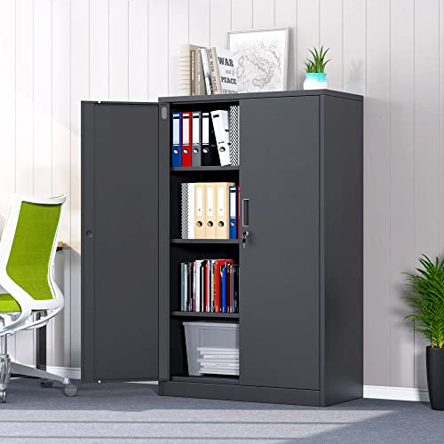Metal Storage Cabinet with Locking Doors and 2 Adjustable Shelves, Small Lockable Steel Storage Cabinets for Home Office Garage Kitchen Pantry (Black)