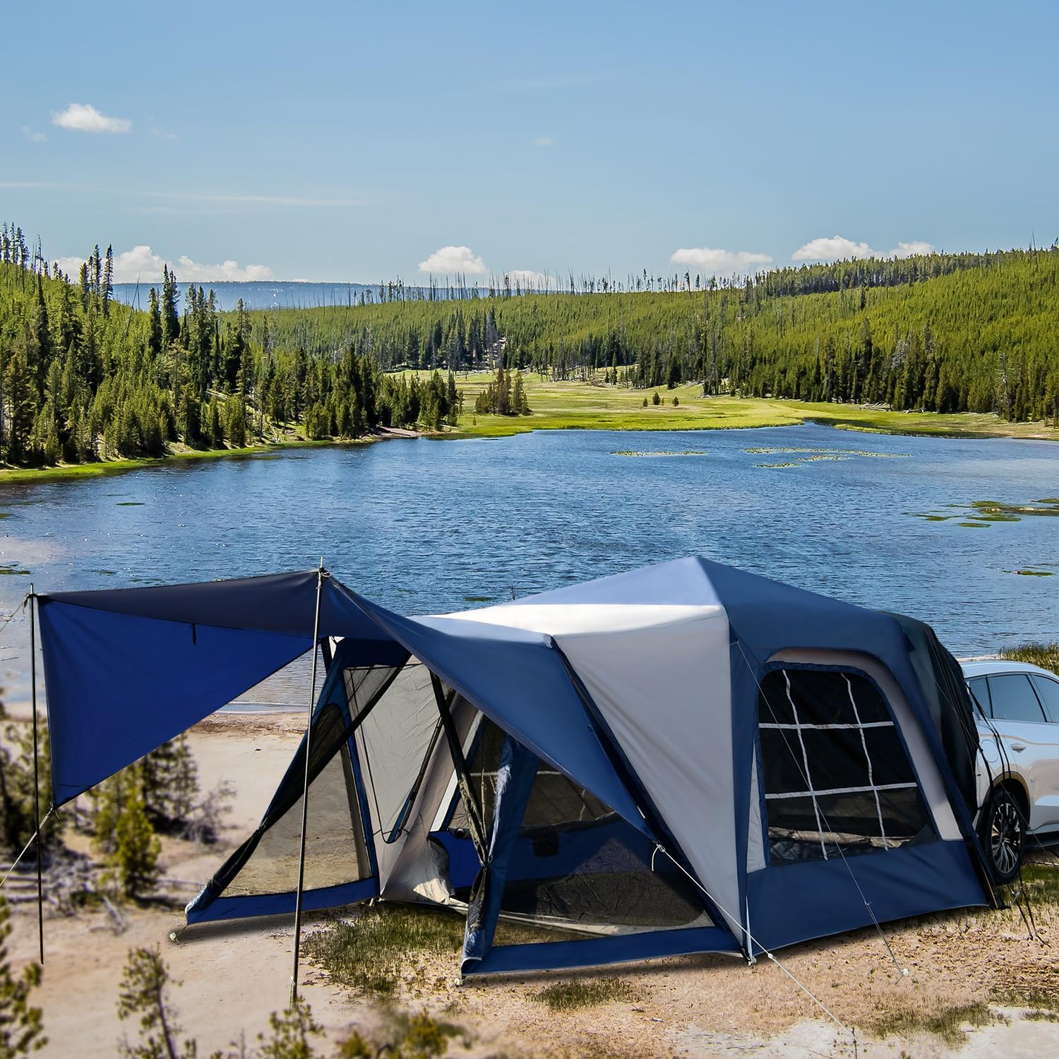 SUV Tent Attachment for Camping, Waterproof PU3000mm Double Layer Car Tailgate Tent, Large 6-8 Person SUV Tent with Sturdy Pole, 10' W X 10' L X 7.5' H