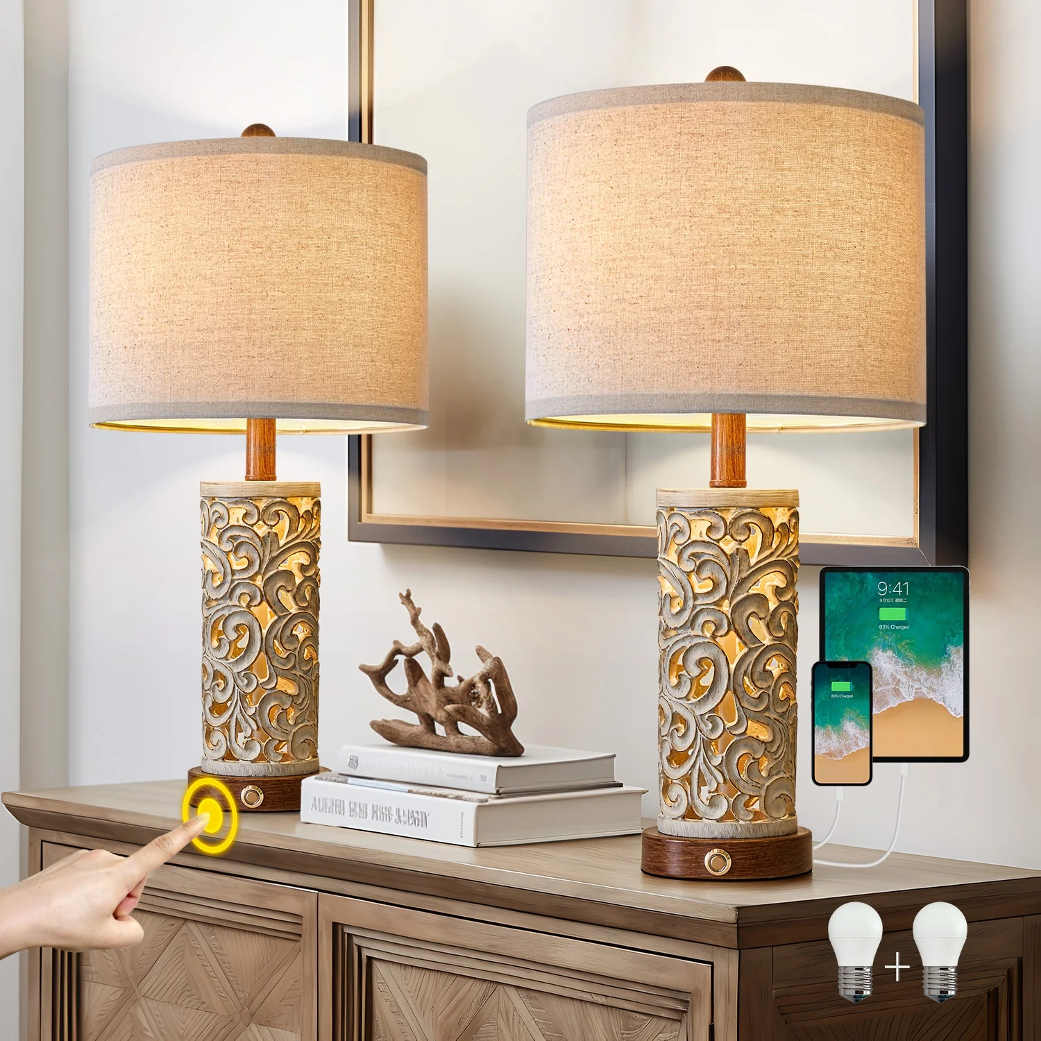 Oneach Rustic Table Lamp Set of 2 for Living Room Bedroom 3 Way Dimmable 22