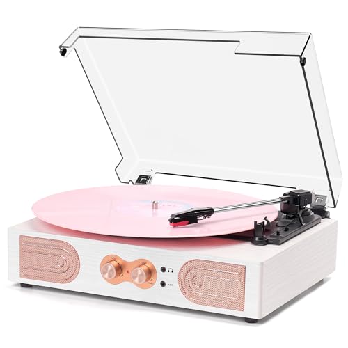 Vinyl Record Player with Built-in Speakers 3-Speed Vintage Record Player Support Treble& Bass Control, 3.5mm Headphone Jack, RCA-Out/Aux in, Belt-Driven LP Turntable,White Rose Gold