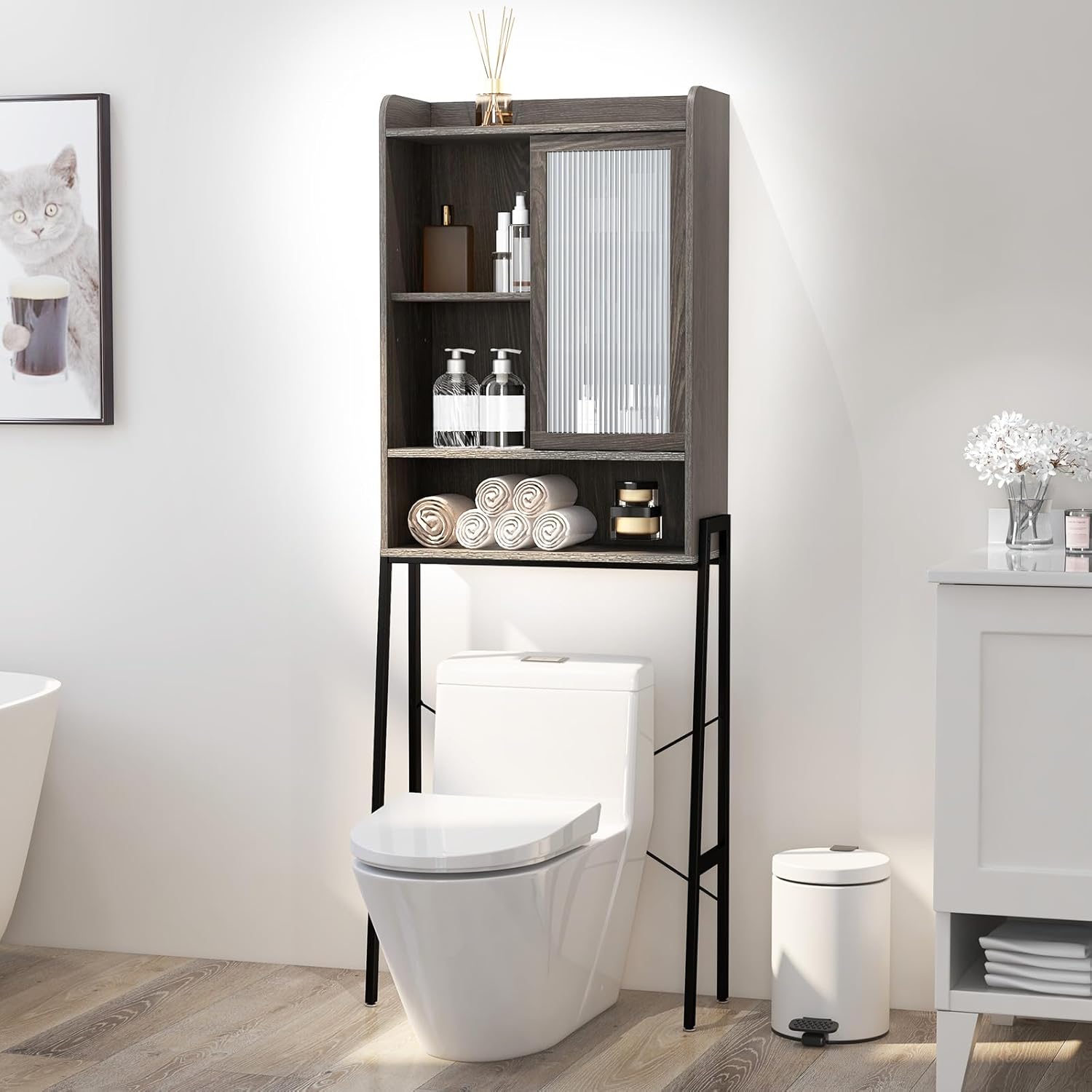 LOKO Over The Toilet Storage Cabinet, Freestanding Storage Organizer Shelf with Sliding Door, Space Saver above Toilet Cabinet with Adjustable Shelves for Bathroom, Laundry (Sliding Door)