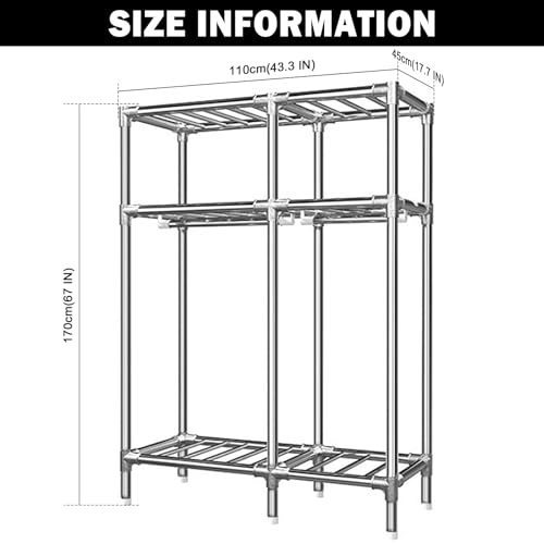 Portable Closet, Metal Wardrobe Closet for Hanging Clothes, Freestanding Garment Rack, Large Capacity Clothes Storage Organizer with 2 Hanging Rods, Storage Shelves (43.3 x 17.7 x 67 Inches)