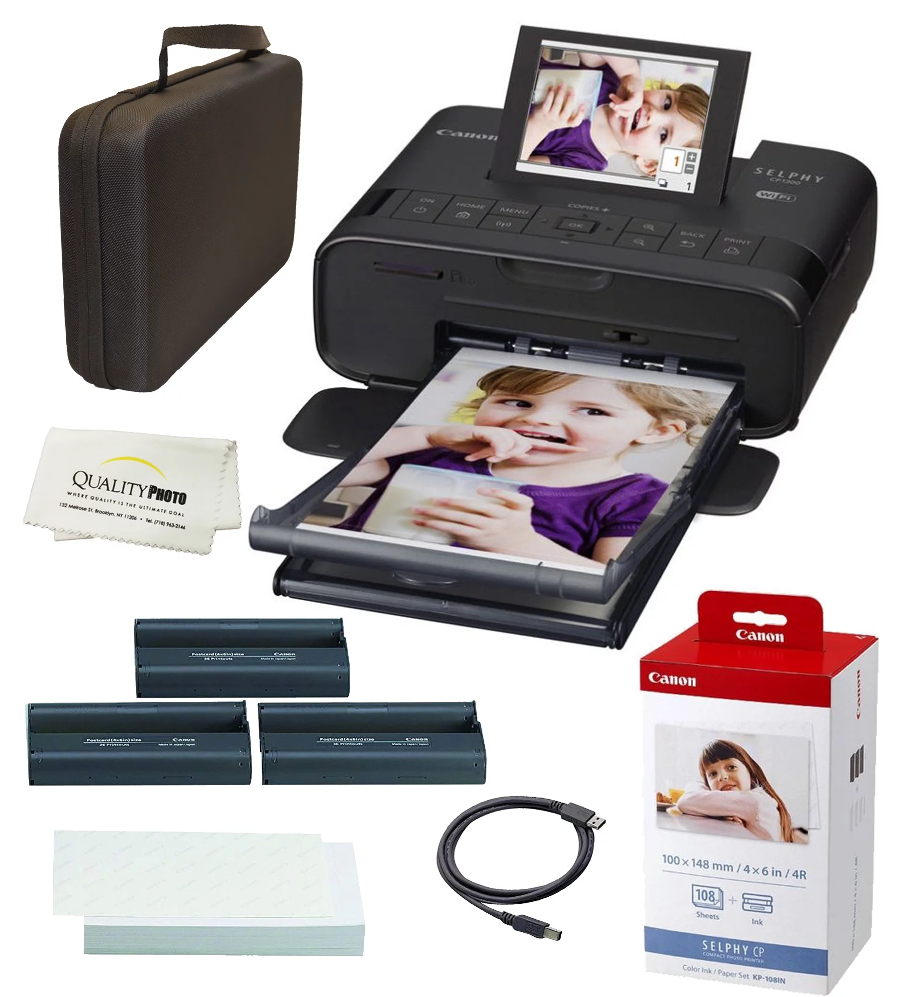 Canon SELPHY CP1300 Wireless Compact Photo Printer With Air Print and Mopria Device Printing Black With Canon KP108 Paper And Black Hard Case To Fit All Together