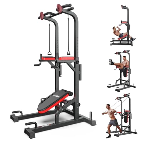 Pooboo Power Tower Dip Station Pull Up Bar for Fitness Home Gym Workout,Multi-Function Adjustable Height Fitness Strength Training Exercise Equipment,with Supine Board