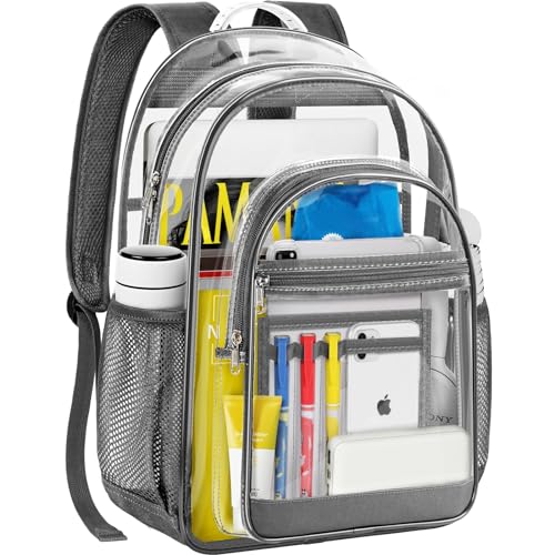 Clear Backpack, Heavy Duty Transparent Backpack with Reinforced Bottom Multi-pockets See Through Backpack for College Work Travel Security - Gray