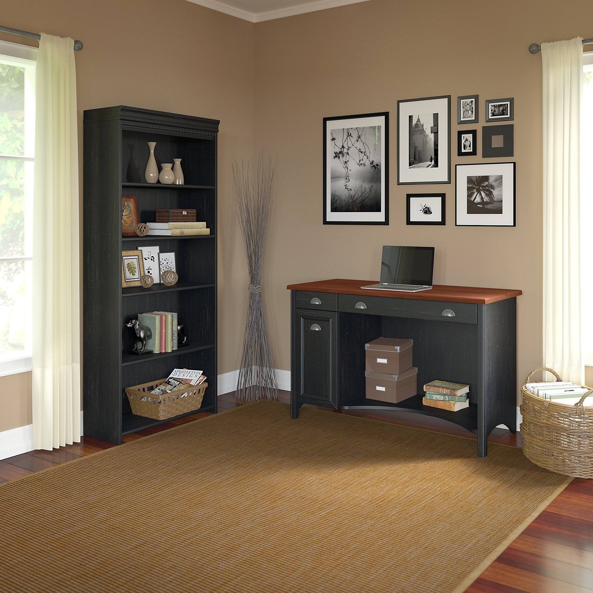 Stanford Computer Desk and 5 Shelf Bookcase in Antique Black, Bush Furniture STF005