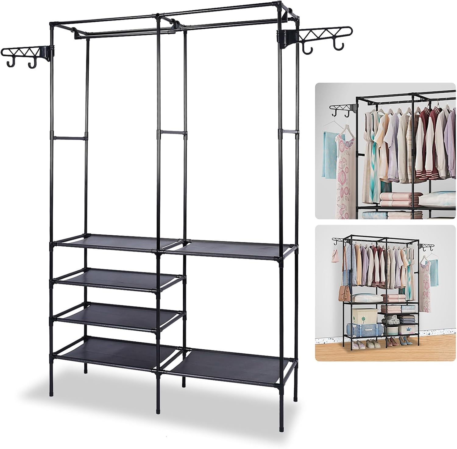 Clothing Rack Clothes Rack, 66'' Multifunctional Garment Rack for Hanging Clothes, 4 Tiers Portable Closet Rack with 4 Hooks & 2 Hanging Rods, Coated Metal Freestanding Closet Wardrobe System