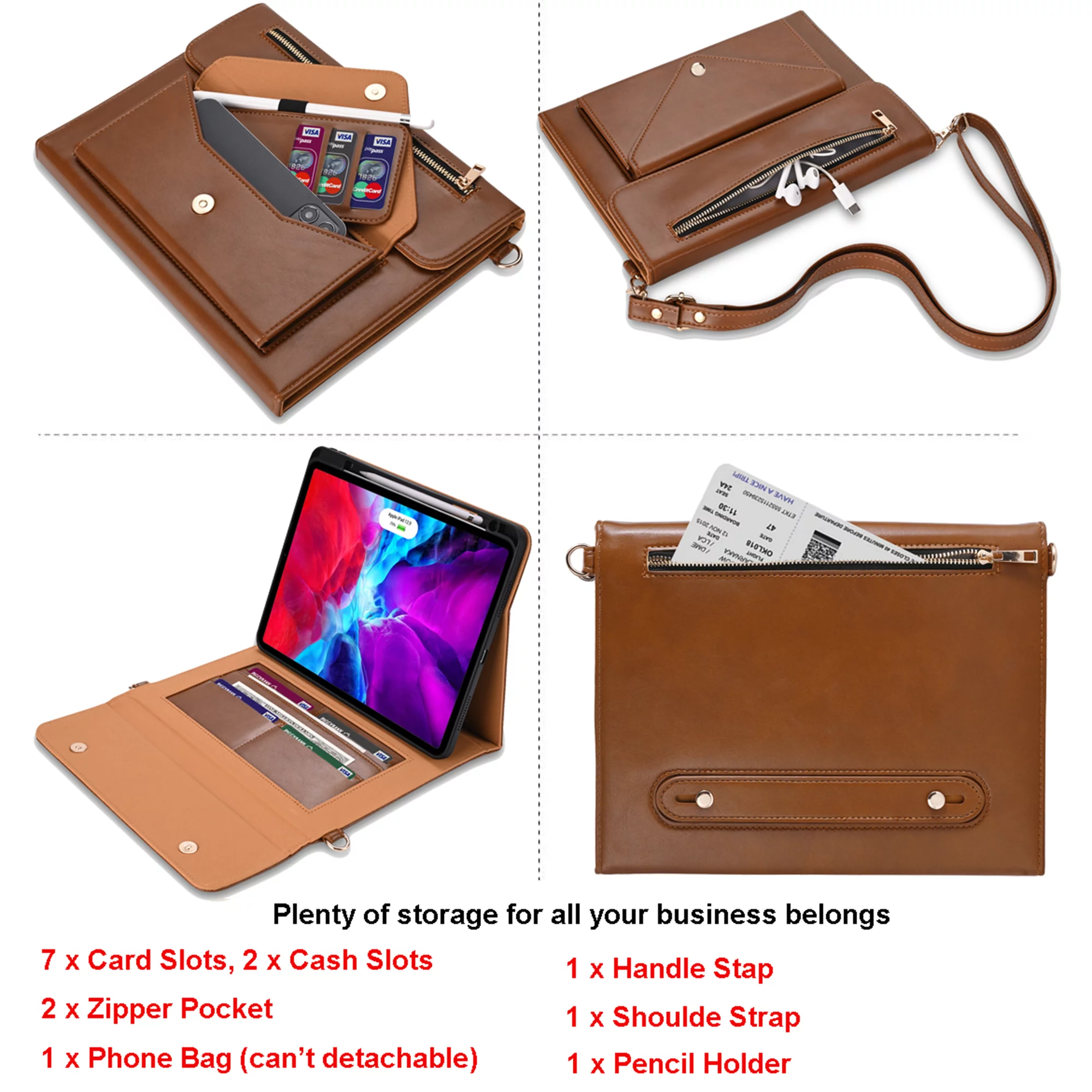 Dteck Portfolio Case for iPad Pro 12.9-inch 2022/2021/2020 with Pencil Holder, Mulitfunctional PU Leather Business Flip Case with Zipper Pocket Handle Strap Crossbody Strap Handbag iPad Case,Brown