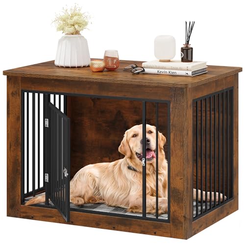 YITAHOME Dog Crate Furniture for Large Dogs, Side End Table, Modern Dogs Kennel Indoor up to 60 lb, 2-in-1 Iron-Wood Fusion Dog Cage with Waterproof Top, Safety Corners, Steel Lock,38