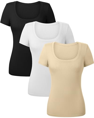 3 Pack Women's Short Sleeve Scooped Neck T Shirts Summer 2024 Tops Basic Ribbed Knit Tee Slim Fit Solid Color Shirt