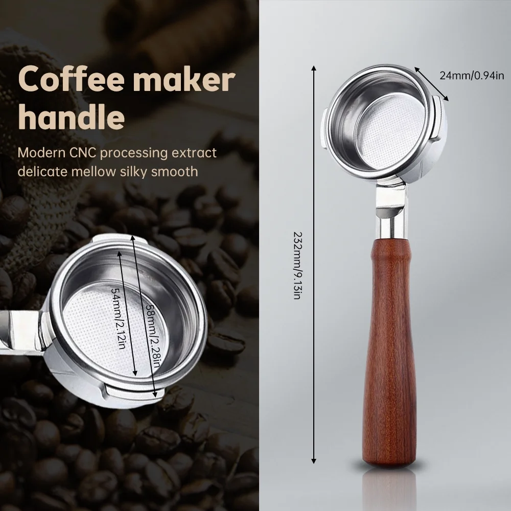 54mm Stainless Steel Bottomless Portafilter - Expresso Naked Portafilter - Solid Wood Handle - Includes Filter, Basket, Spoon, and Cleaning Brush - Replacement Parts for Breville - Walmart Compliant