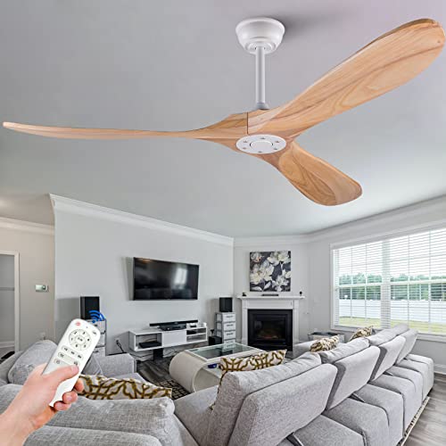 60 inch Ceiling Fans without Light, Solid Wood Ceiling Fan with Remote Control Modern Ceiling Fan no Light, Indoor Outdoor Ceiling Fans for Patios Living Room Bedroom Farmhouse Gazebo