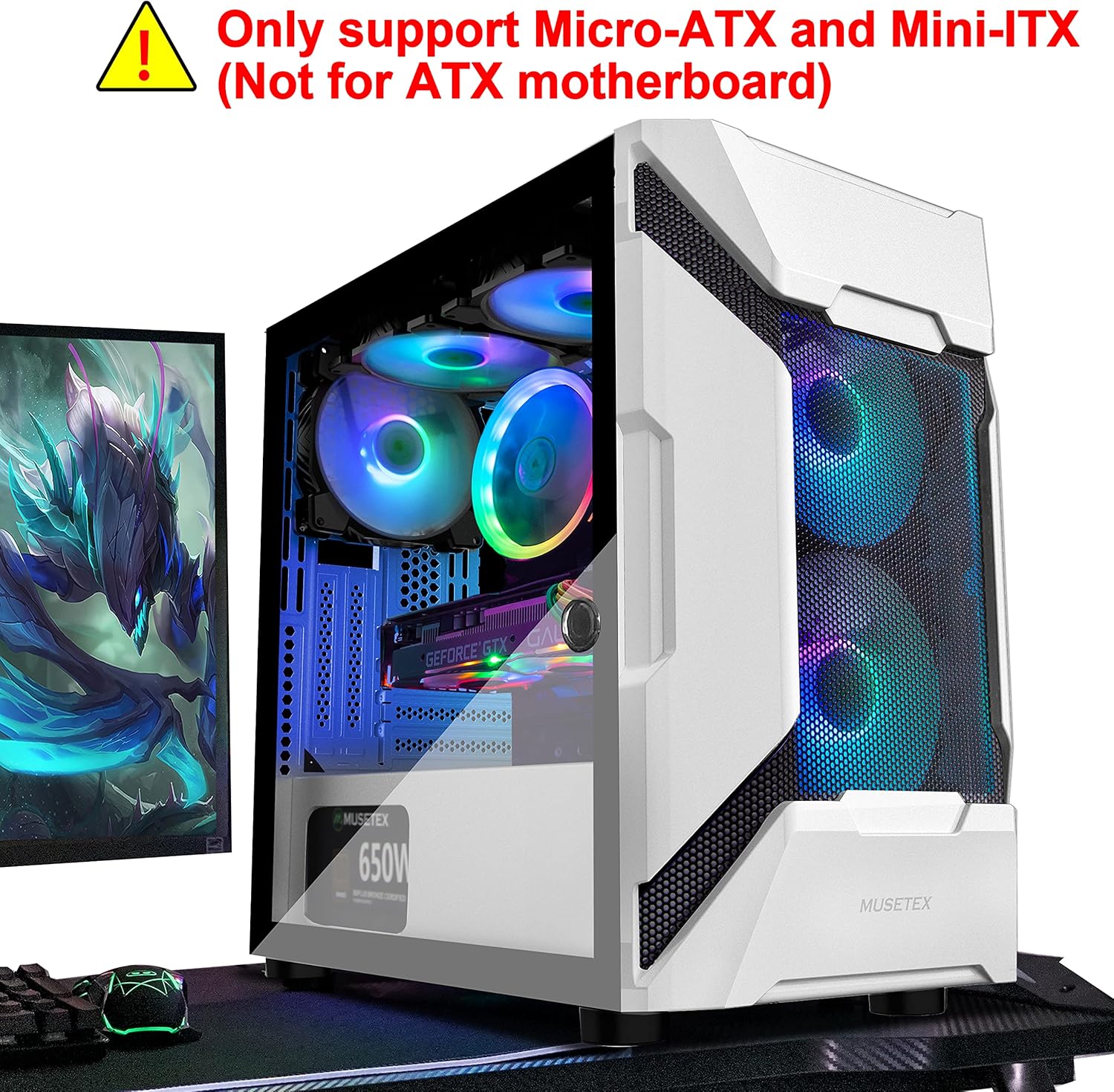 MUSETEX Mesh MATX (Micro-ATX) Mid Tower Case with 5 PCS × ARGB Fans Pre-Installed and 2 PCS × USB 3.0 Ports, Magnetic Design Opening Tempered Glass Panel Gaming PC Case (White, MK7-WN5)