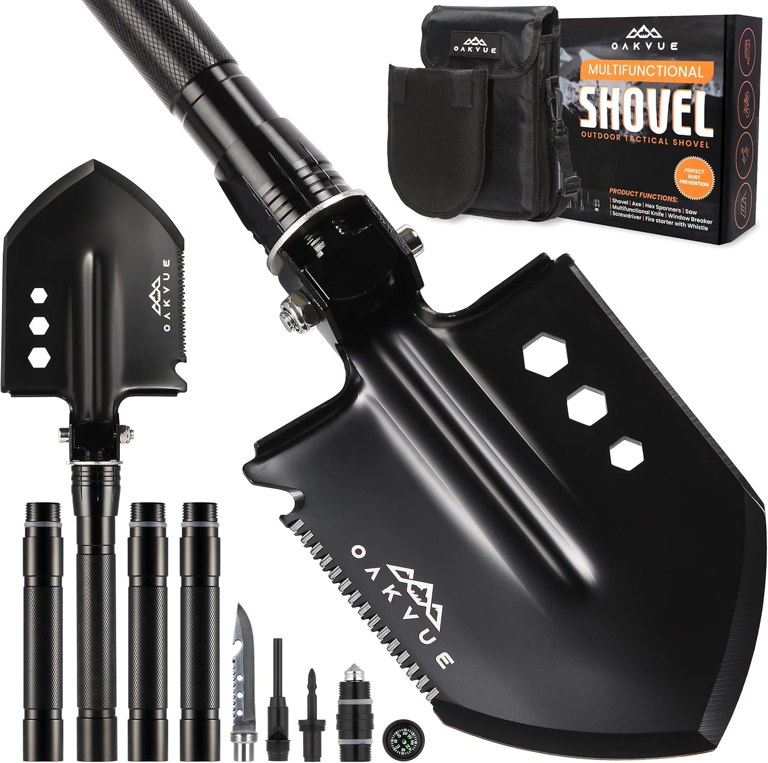 OAKVUE Survival Shovel Multitool with Tactical Shovel Carry Pouch, Camping Shovel - 180 Degree Folding Shovel High Carbon Steel Survival Tool for Backpacking, Hiking, Car Emergency