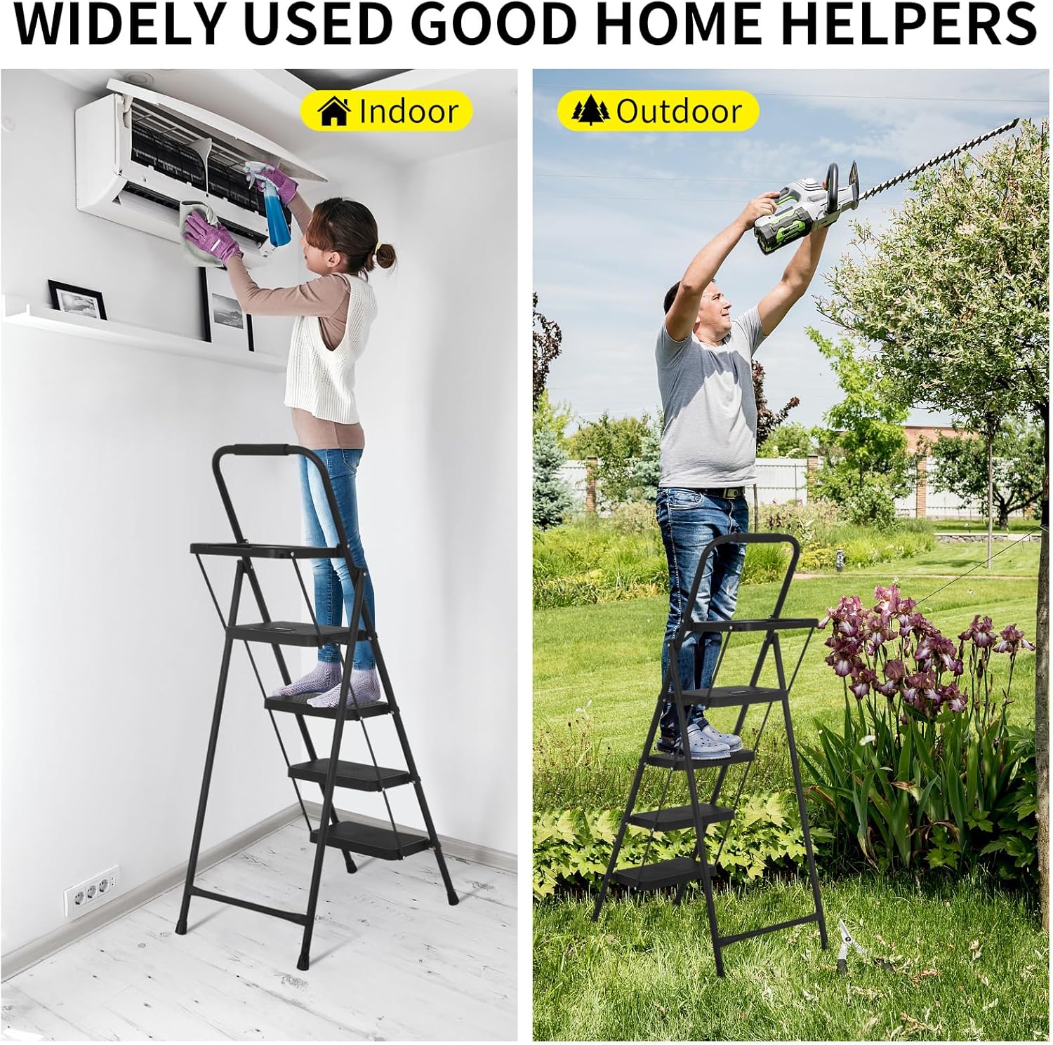 4-Step Ladder Folding Step Stool with Tool Tray Portable Sturdy Steel Stepladder with Wide Anti-Slip Pedal Lightweight 330Lb Capacity Indoor Ladder for Home Library Garage, Black