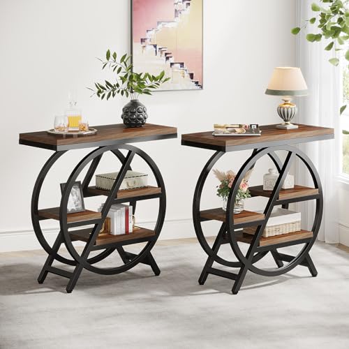 Tribesigns End Table for Living Room, 3-Tier Narrow Side Table with Storage, Wood Sofa Side Table with Geometric Metal Frame, Industrial Nightstand and Bedside Table for Bedroom