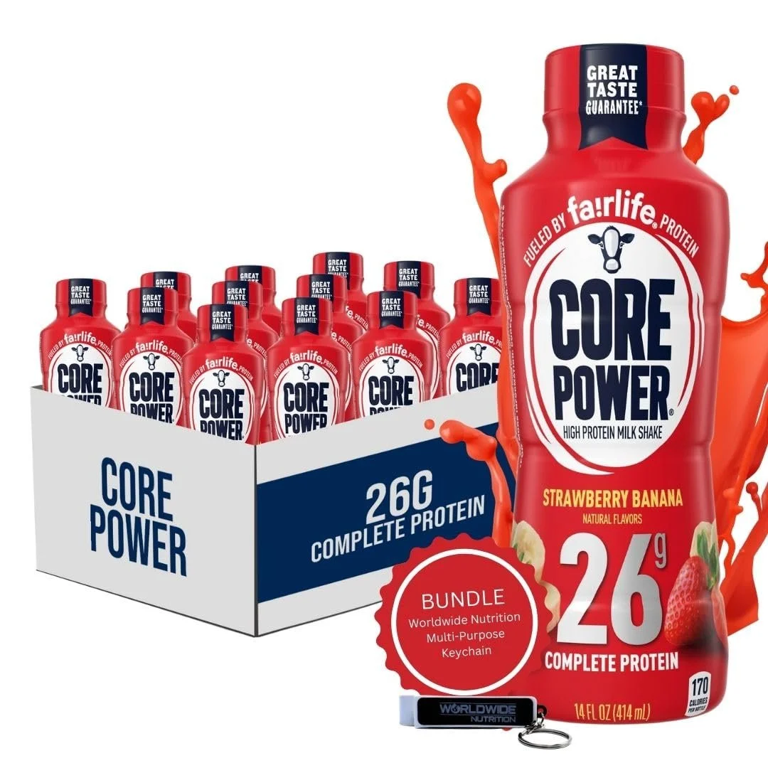 Core Power Fairlife 26g Protein Milk Shakes - Ready To Drink for Workout Recovery - Strawberry Banana Flavor, 14 Fl Oz Pack of 12 and Multi-Purpose Key Chain
