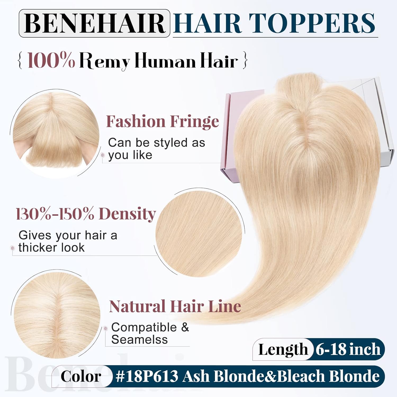 Benehair Silk Base Hair Topper for Women Middle Part Top Hairpiece With Thin Fringe Toupee Hair for Women 150% Density Remy Human Hair Toppers Hairpieces #18P613 Ash Blonde&Bleach Blonde 12inch 38g
