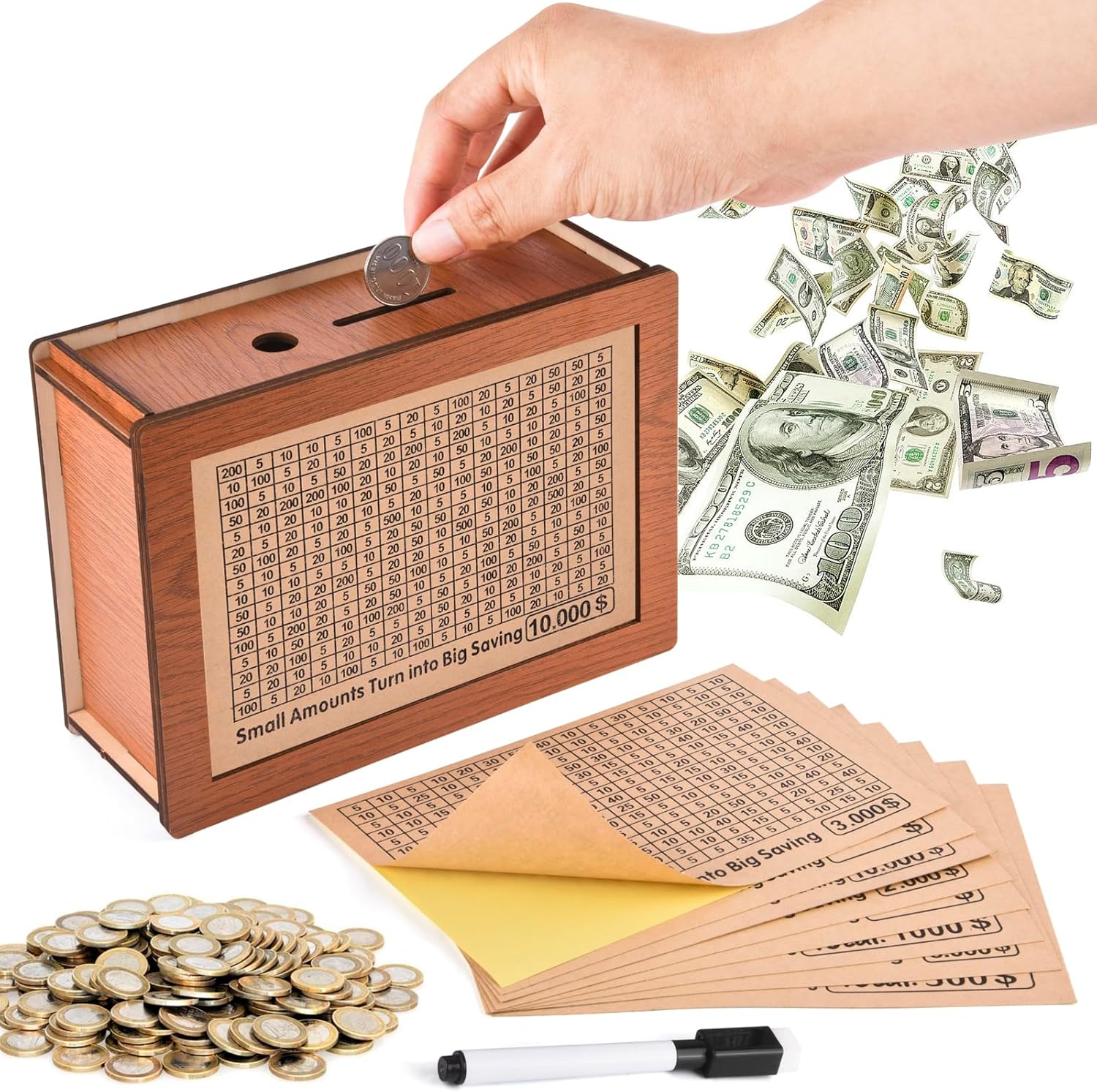 Cash Vault Wooden Money Saving Box, Cash Saving Box for 200 1000 2000 3000 5000 10000 Money Saving Challenge,Boy Girl Child Adult Wooden Piggy Bank Box with Counter