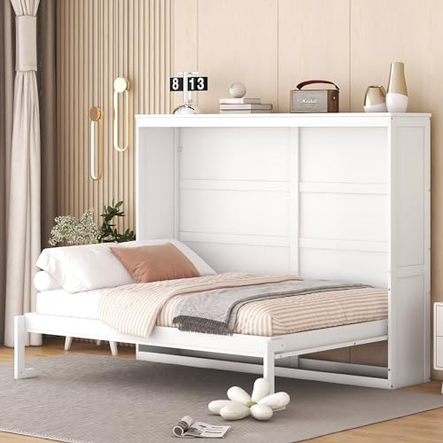 Full Size Murphy Bed, Wooden Folding Bed Frame, Wall Bed Frame for Bedroom, Guest Room, Office, Space-saving, Can Be Folded into a Cabinet, No Box Spring Needed, Grey