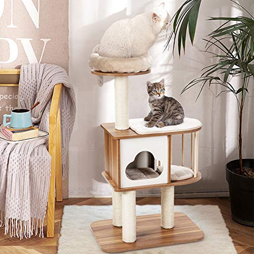 Tangkula Modern Wood Cat Tree, 46 Inches Cat Tower with Platform, Cat Activity Center with Scratching Posts and Washable Cushions, Wooden Cat Condo Furniture for Kittens and Cats (Light Grey)