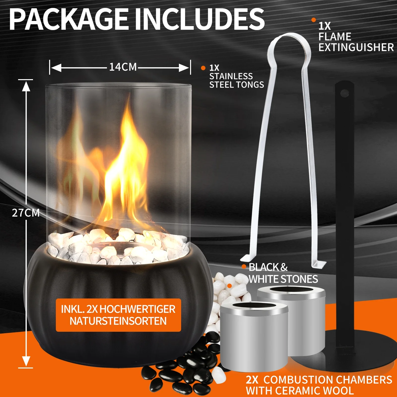 BUSATIA Tabletop Fire Pit, Table Top Firepit Indoor & Outdoor, Tabletop Fireplace with Combustion Chambers, Ethanol Table Fire Pit Bowl with Fire Killer and Pebbles