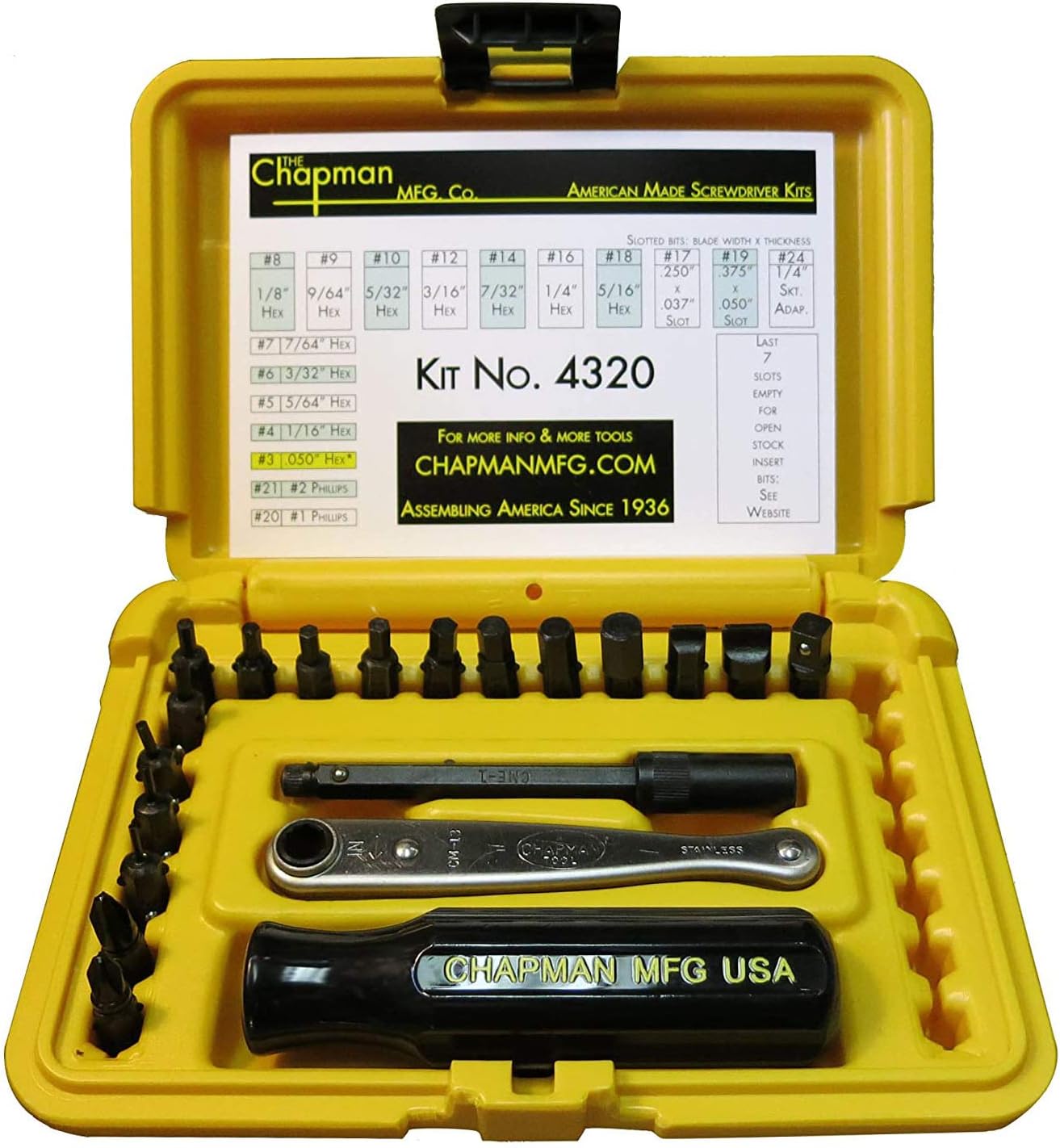 Chapman MFG 7331 All-Purpose Standard Screwdriver Set - Includes Phillips, SAE Allen Hex & Slotted/Flathead Bits - Complete Set Offers 24 USA Made Insert Bits + Mini Ratchet Hand Tool (Yellow Case)