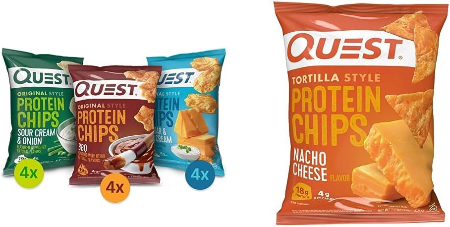 Quest Nutrition Protein Chips Variety Pack (BBQ, Cheddar & Sour Cream, Sour Cream & Onion) and Quest Nacho Cheese Tortilla Style Protein Chips