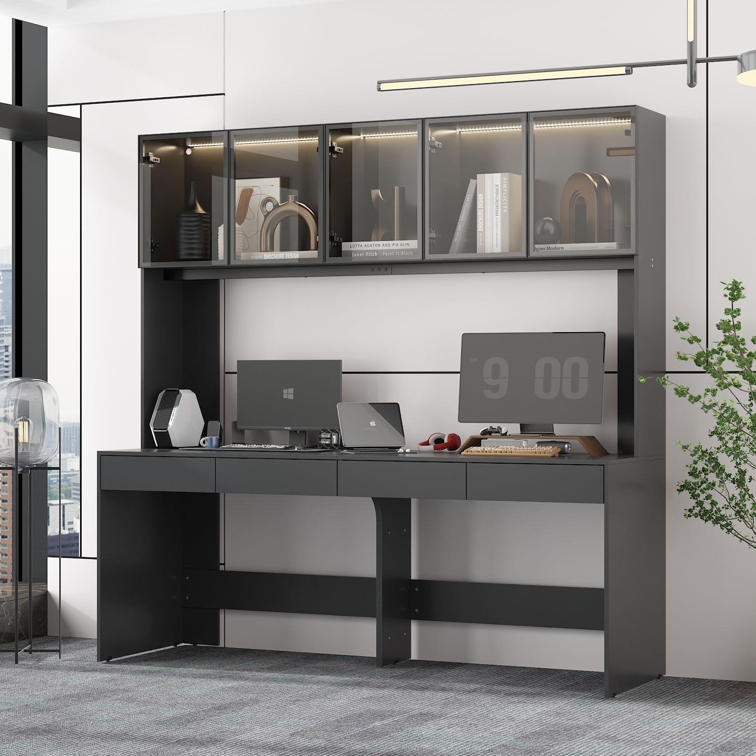 MOUMON Large Office Desk Executive Desk with Glass Doors & Lights, 2-Person Office Desk with 4 Drawers, 78.3 inch Desktop, Double Desk for Home Office Black (78.7”W x 23.6“D x 78.3”H)