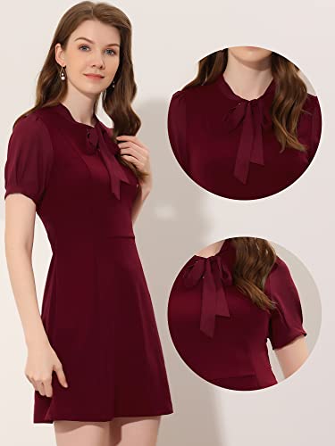 Allegra K Elegant Dresses for Women's Tie Neck Puff Short Sleeve Office Work Dress