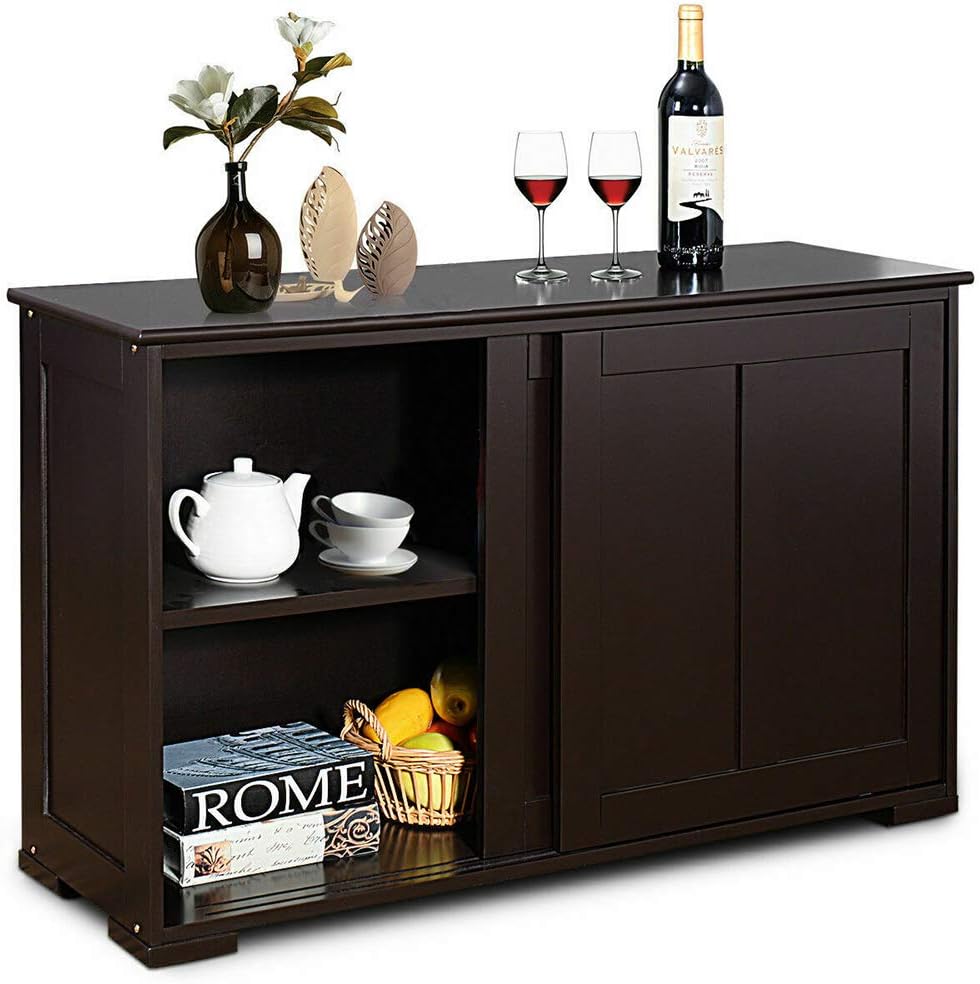 Dark Brown Kitchen Storage Cabinet Sideboard Buffet Cupboard Wood Sliding Door Pantry New MDF 42