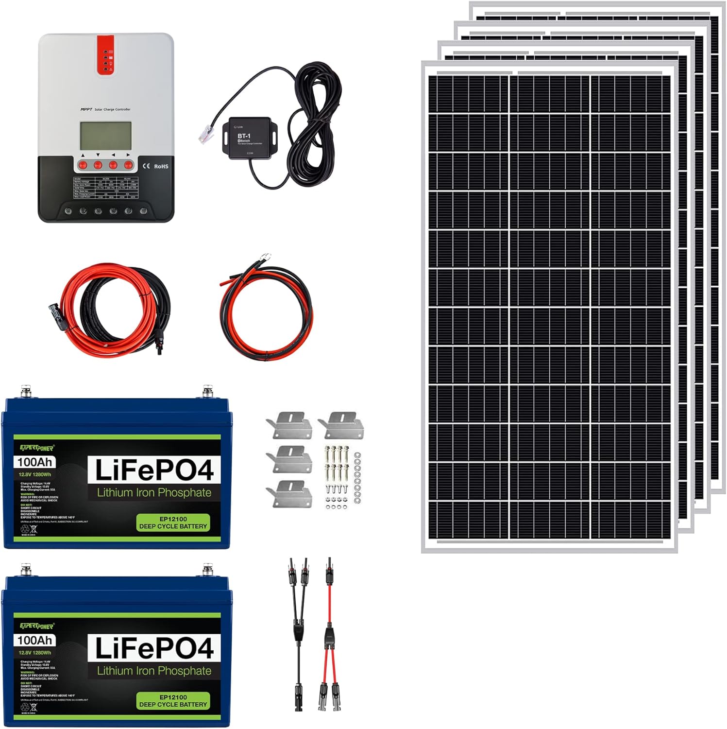 ExpertPower 2.5KWH 12V Solar Power Kit | LiFePO4 12V 100Ah, 400W Mono Solar Panels, 30A MPPT Solar Charge Controller, 3KW Pure Sine Wave Inverter Charger | RV, Trailer, Camper, Marine, Off Grid