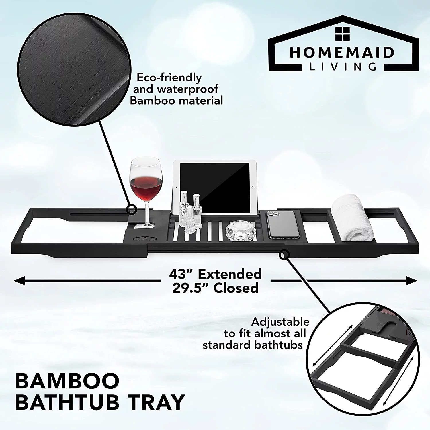 Bamboo Bathtub Tray - Perfect Expandable Bathtub Caddy with Reading Rack or Tablet Holder, This Premium Bath Tray Includes a Wine Glass Holder (Black)