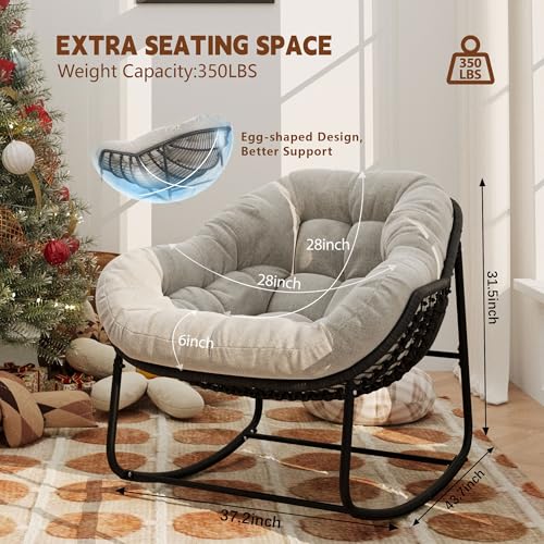 Outdoor Indoor Rocking Chair, Patio Wicker Egg Chair, Indoor & Outdoor Comfy Oversized Papasan Chair with Padded Cushion, Royal Rattan Rocker for Front Porch, Garden, Patio (Beige)