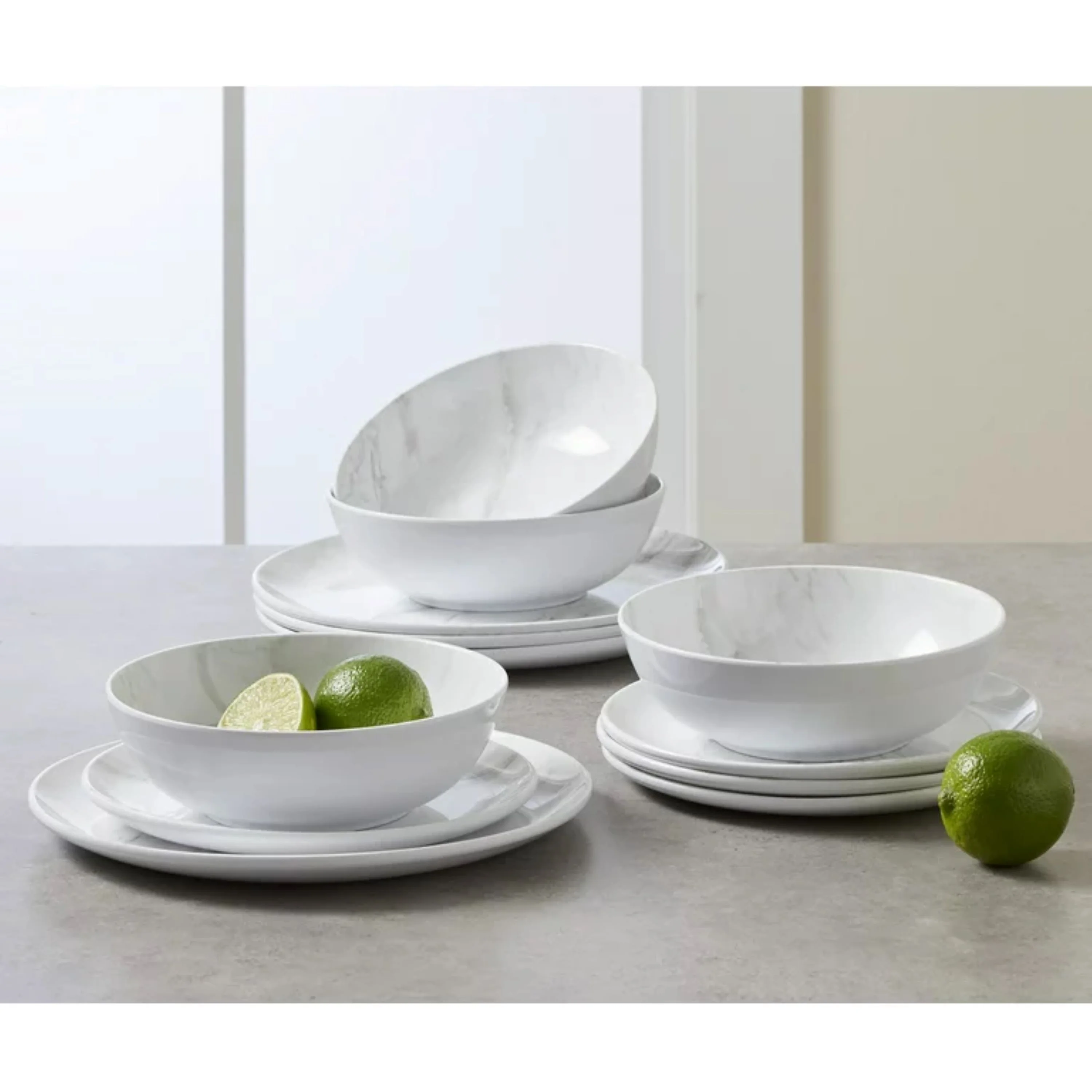 Better Homes & Garden 12-Piece Melamine Grey and White Marble Dinnerware Set