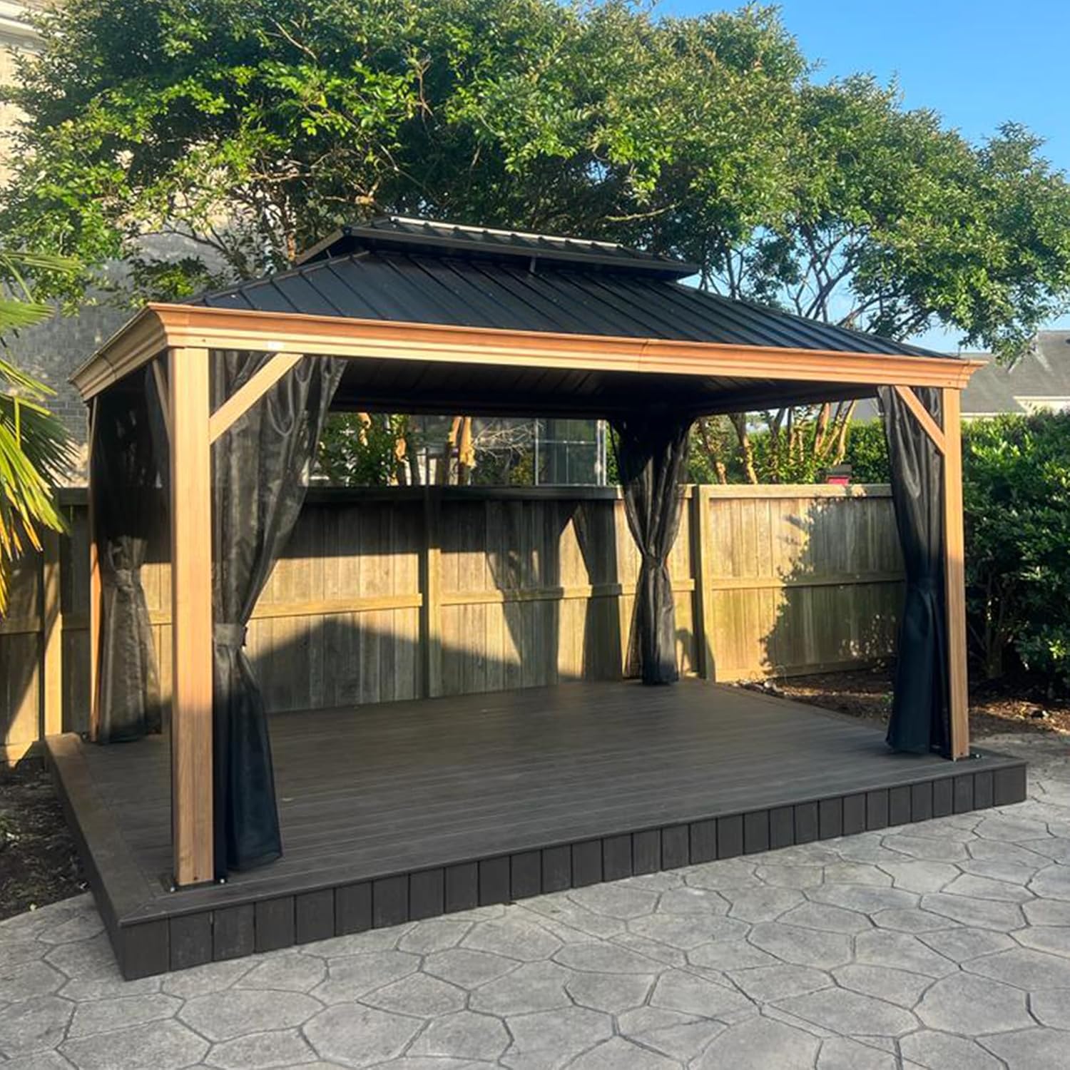 PURPLE LEAF 10' X 14' Outdoor Hardtop Gazebo for Patio Galvanized Steel Double Roof Permanent Canopy Teak Finish Coated Aluminum Frame pavilion Gazebo with Netting