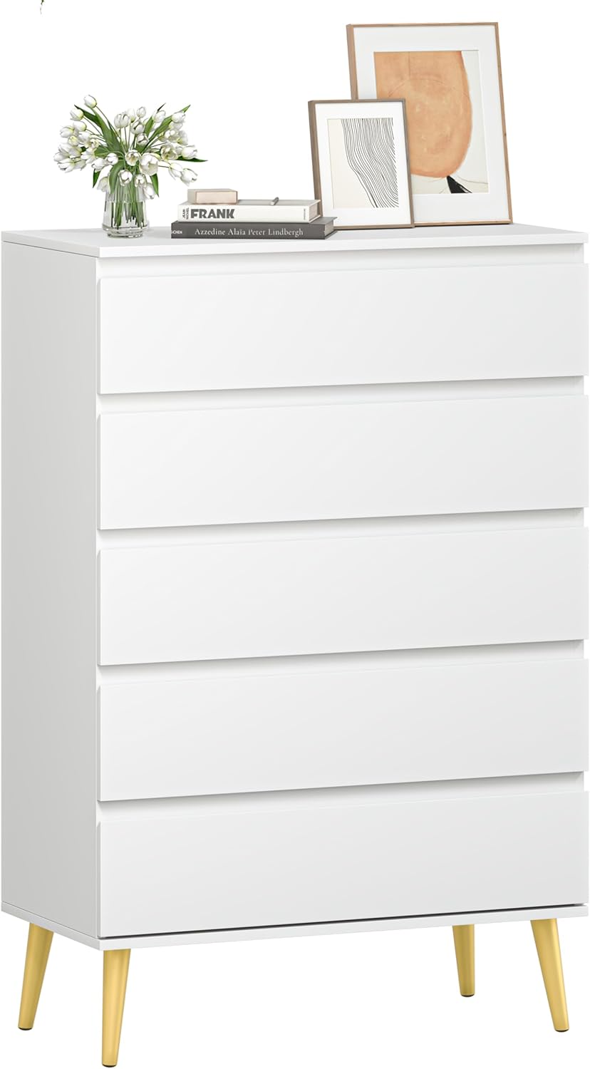 Dresser for Bedroom with 5 Drawers, Wide Chest of Drawers with Smooth Metal Rail, Clothing Organizer with Large Storage Space, Storage Cabinet for, Closet, Hallway