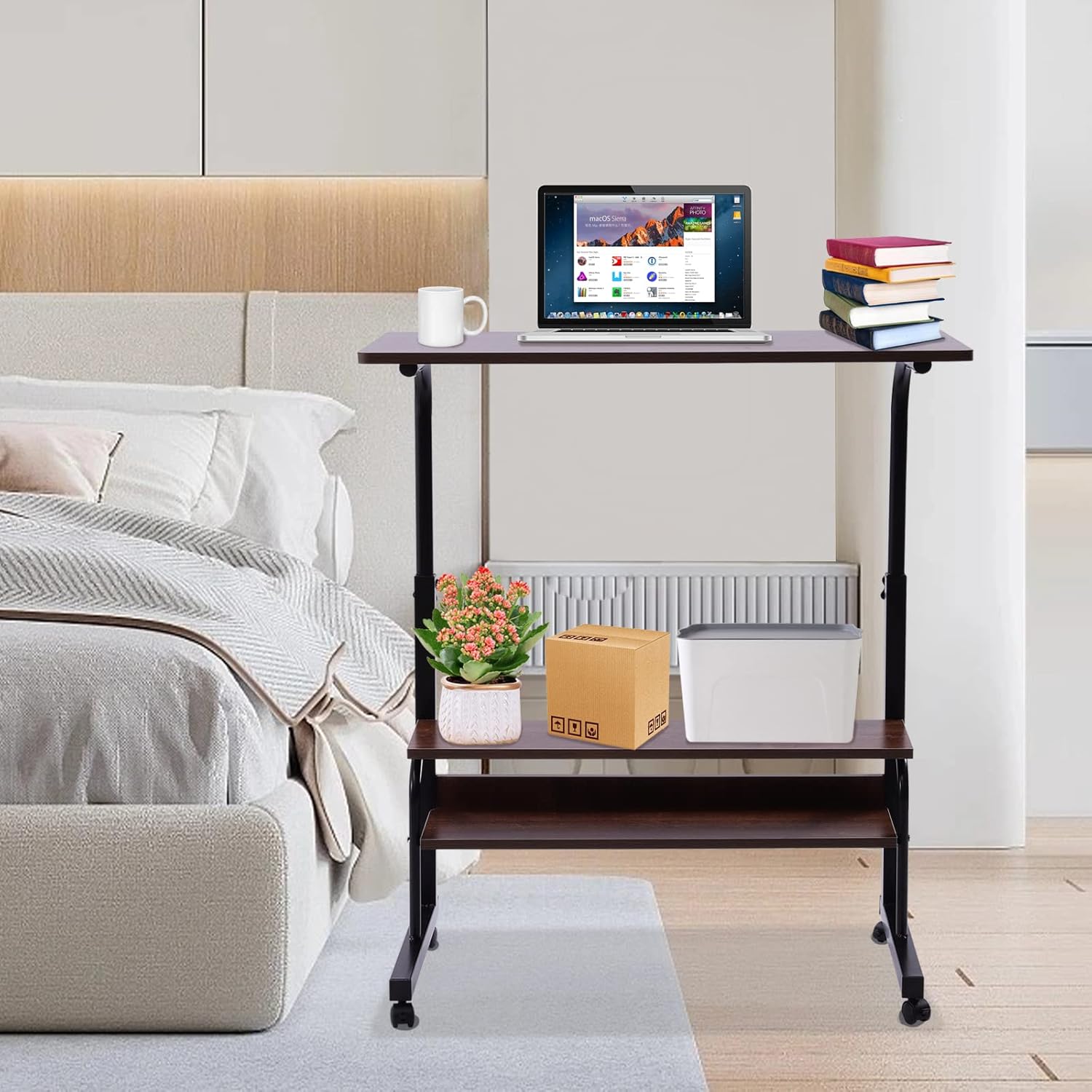 2-Layer Height Adjustable Mobile Laptop Desk Cart, Small Side Laptop Table with Wheels, Adjustable Overbed Bedside Table with Wheels for Hospital Home, Rolling Laptop Desk Cart