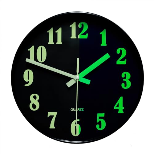 FLEBLE Modern Wall Clock Silent Non Ticking 12Inch Black Round Large Clock Battery Operated Easy to Read for Living room, Office, Kitchen, Classroom, School, Home Glow in The Dark