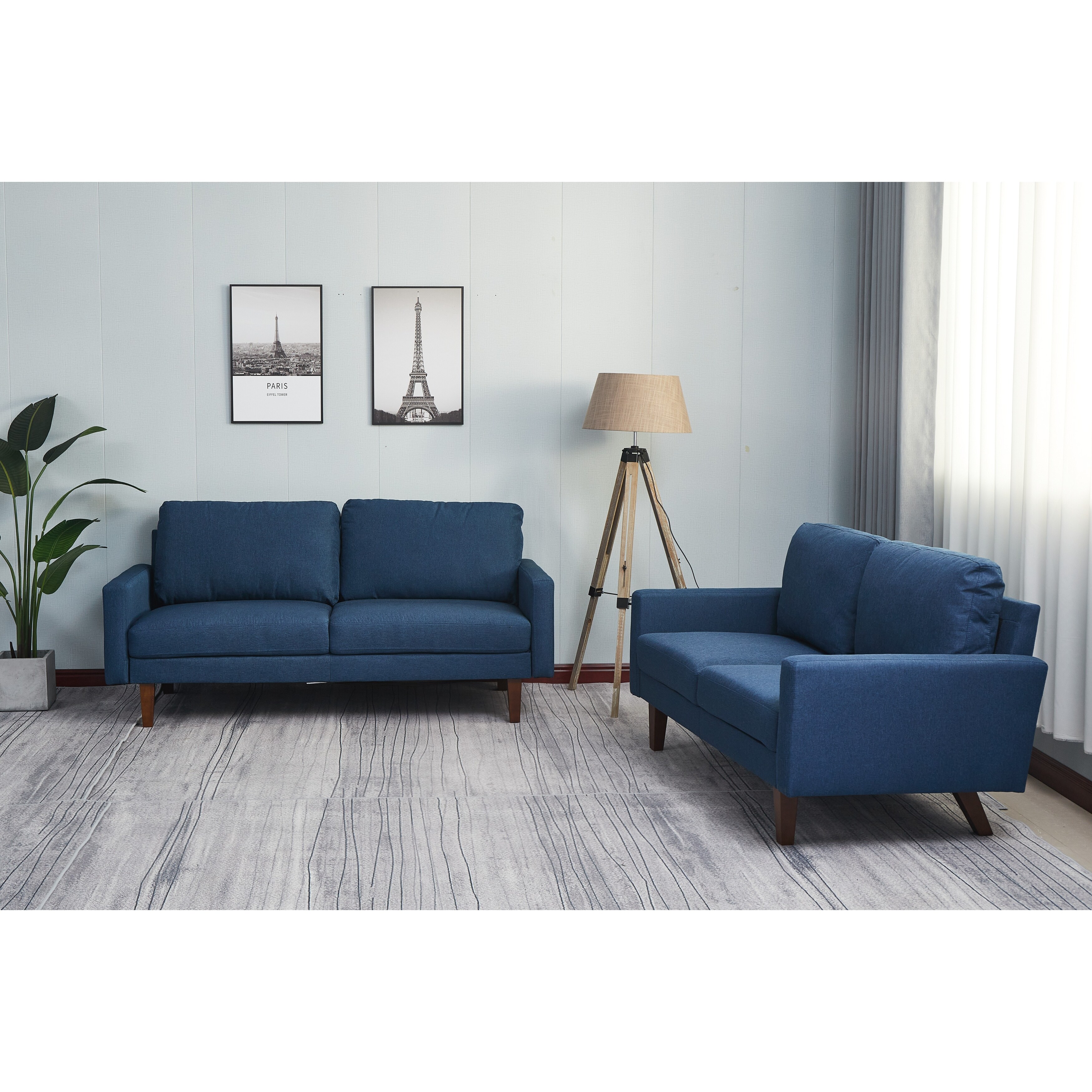 Linen 2 Piece Loveseat and Sofa Living Room Set Dark Blue