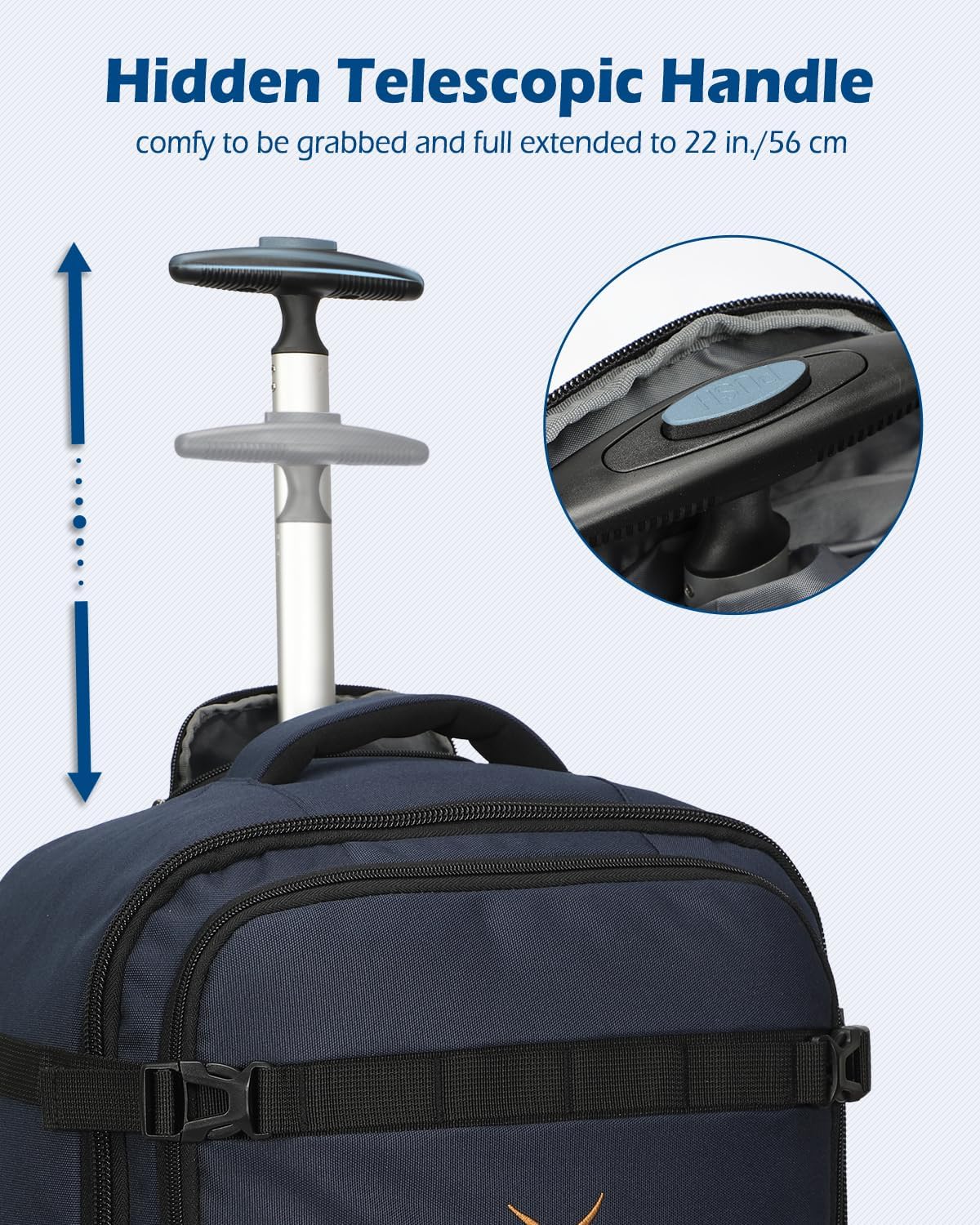 Hynes Eagle 42L Rolling Backpack Wheeled Backpack Flight Approved Travel Backpack Carry on Luggage Navy Blue with Grey