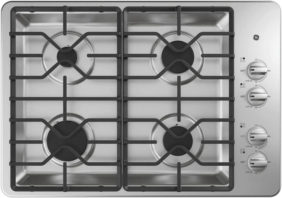 GE JGP3030SLSS 30 Inch Gas Cooktop with MAX System, Power Broil, Simmer, Continuous Grates, Sealed Burners and ADA Compliant, Stainless Steel